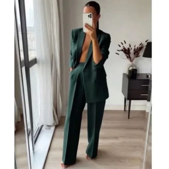 ZARA DARK GREEN TUXEDO COLLAR BLAZER - Picture 4 of 5